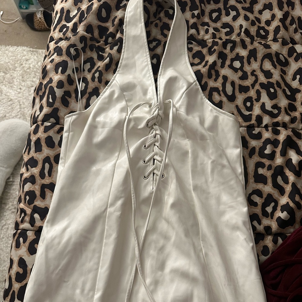 White Leather Halter Tie Front Dress